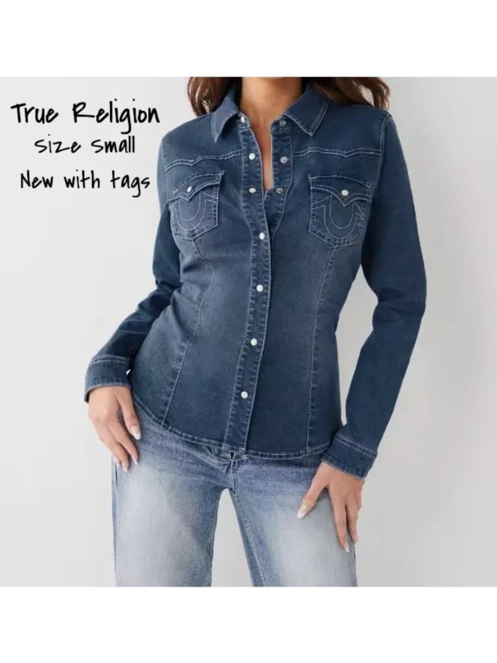 True Religion Fitted Denim Shirt Blue Wash - Size Small, New with Tags